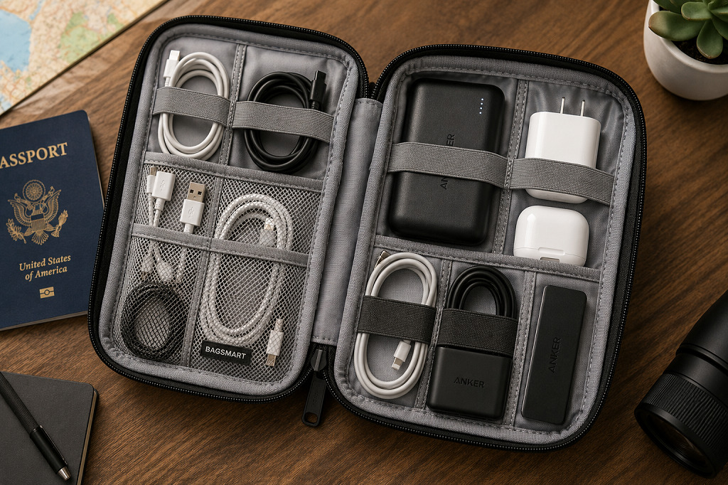 Organized travel tech pouch with cables and chargers neatly packed