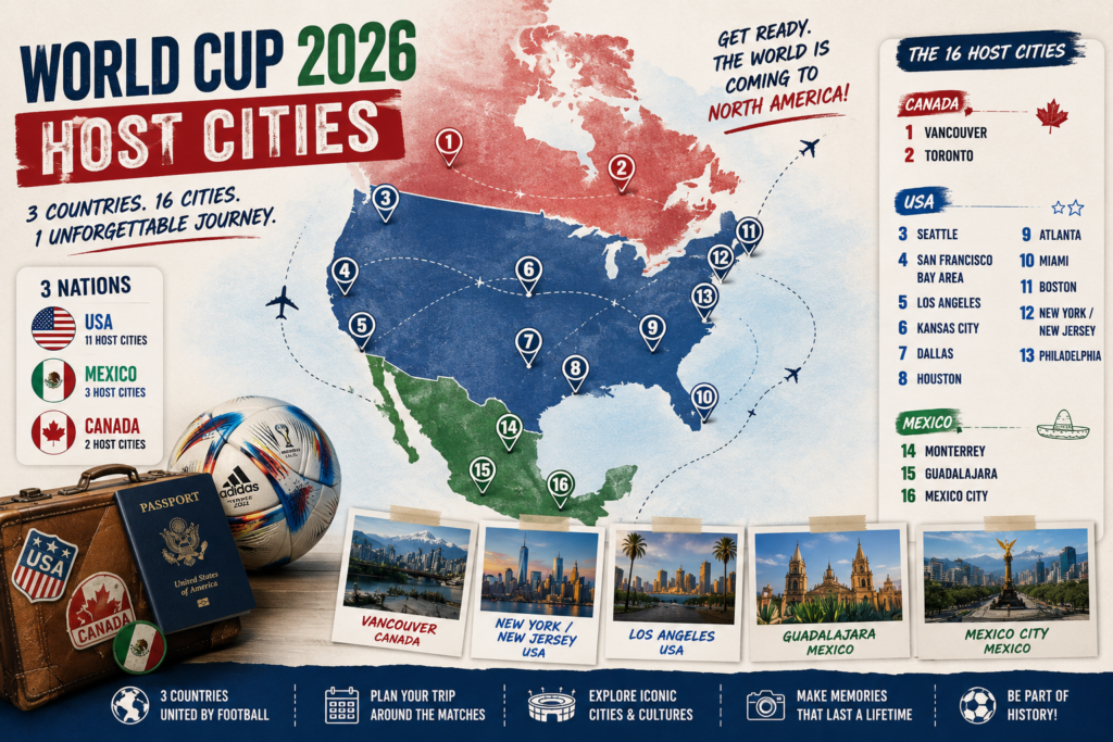 Map of US host cities and top travel destinations for World Cup 2026 travel guide