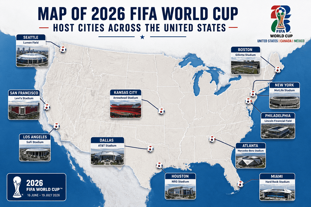 Map of 2026 FIFA World Cup host cities across the United States