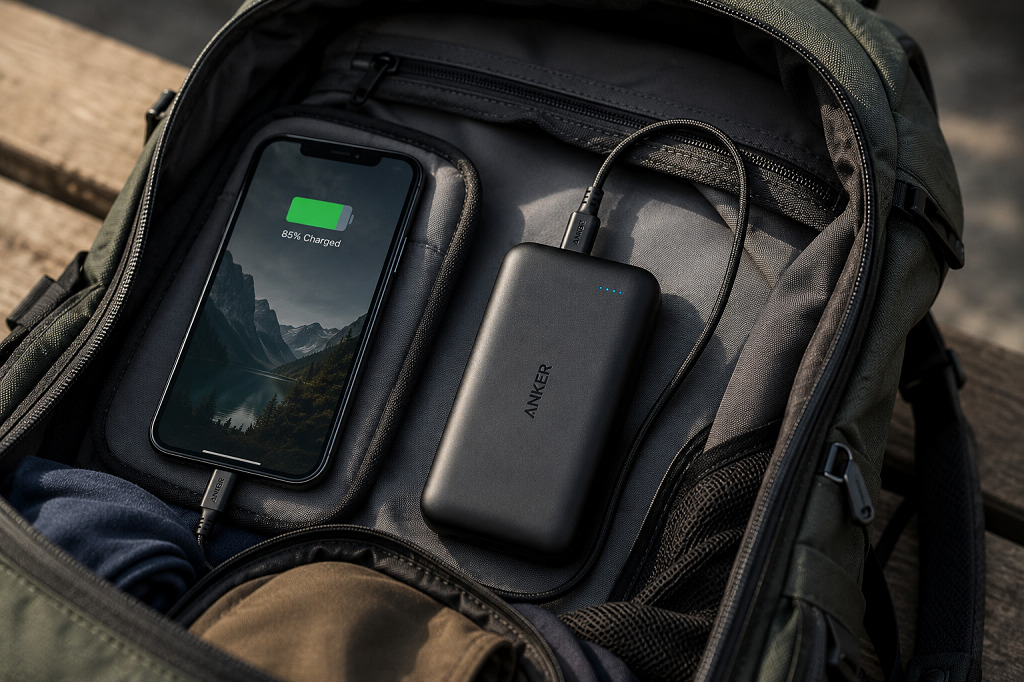 Anker Portable Power Bank charging a phone inside a daypack