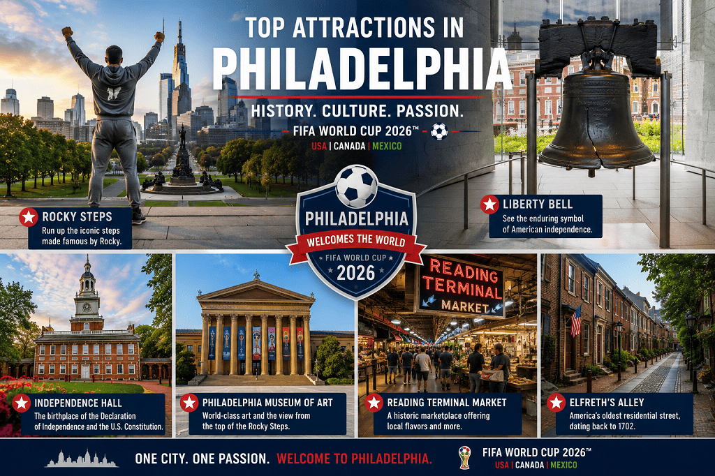 Top attractions in Philadelphia including the Rocky Steps and Liberty Bell