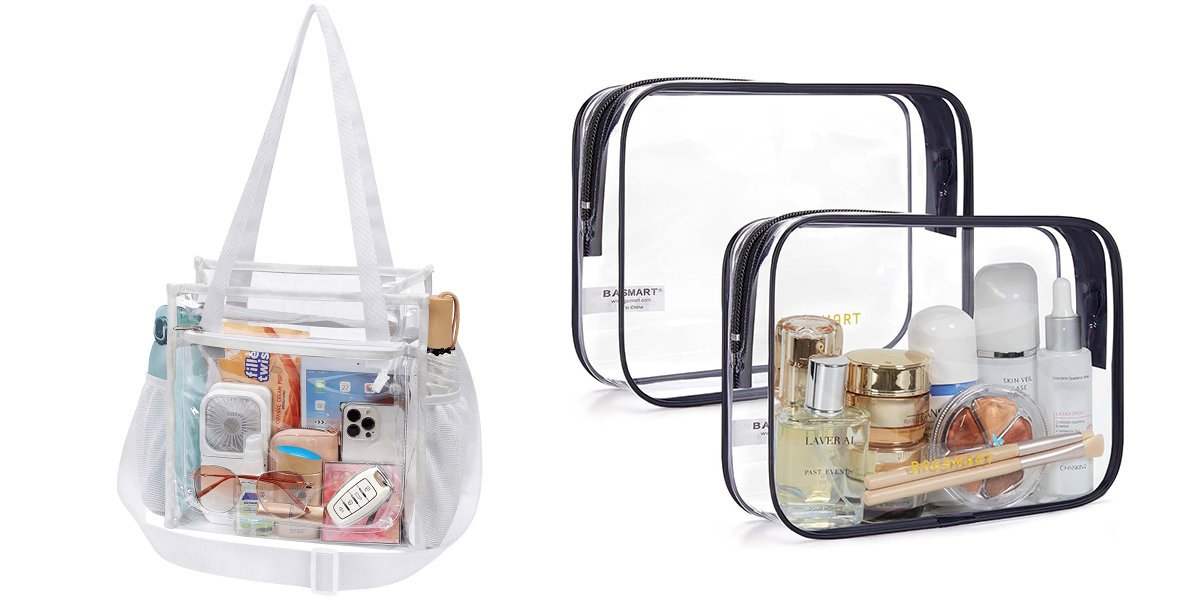 A clear TSA approved stadium bag packed with a portable power bank and match tickets