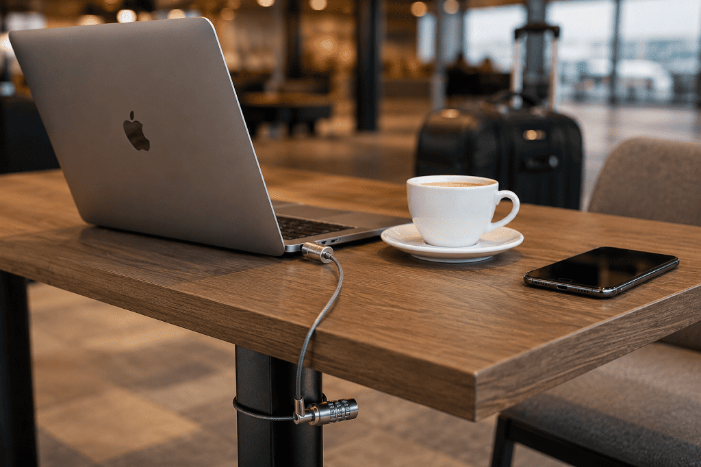 A laptop secured to a wooden table with a steel cable lock to protect electronics while traveling in a public cafe