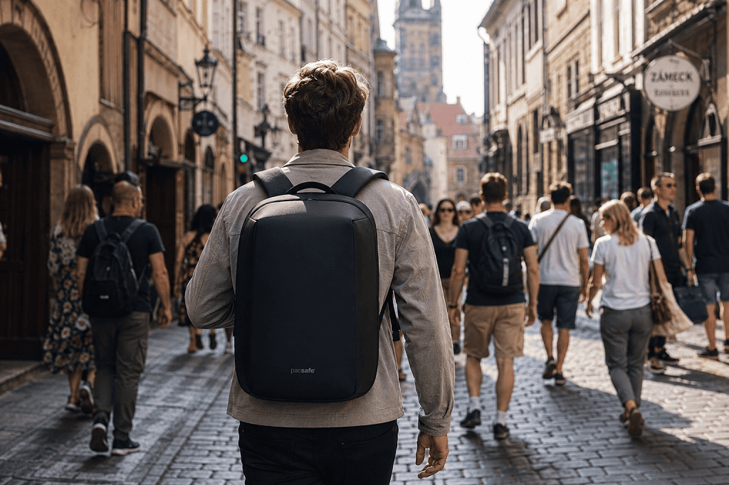 A traveler walking through a crowded European street wearing a secure anti theft backpack protecting electronics while traveling