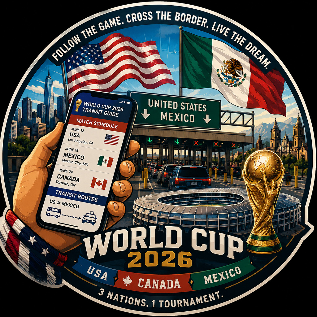 A soccer fan reviewing football schedules using the World Cup 2026 Transit Guide on a mobile phone at the US Mexico border