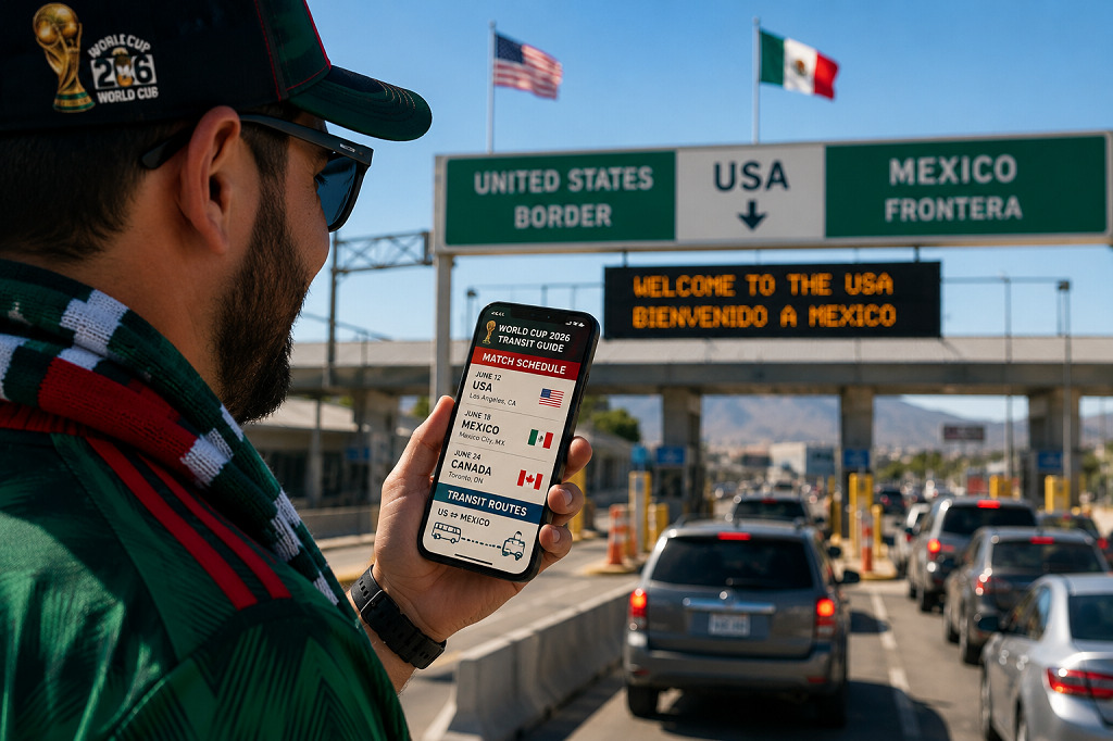 A soccer fan reviewing football schedules using the World Cup 2026 Transit Guide on a mobile phone at the US Mexico border