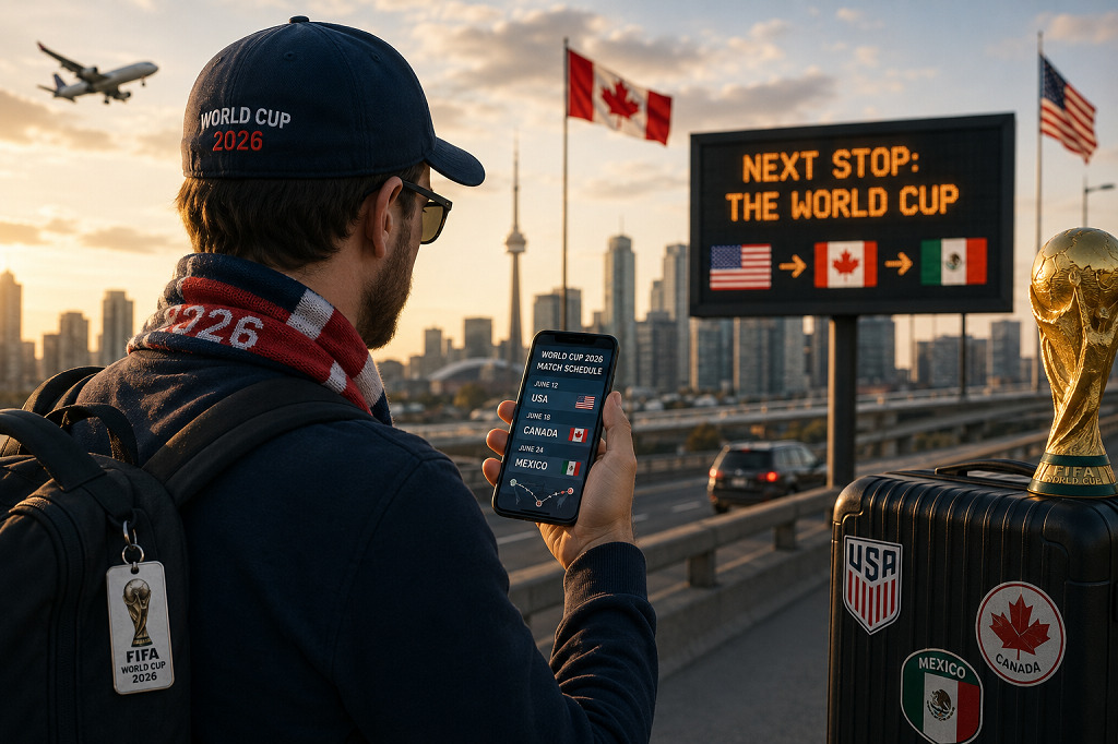 A sports fan tracking match schedules while traveling between US and Canada for World Cup with a smartphone